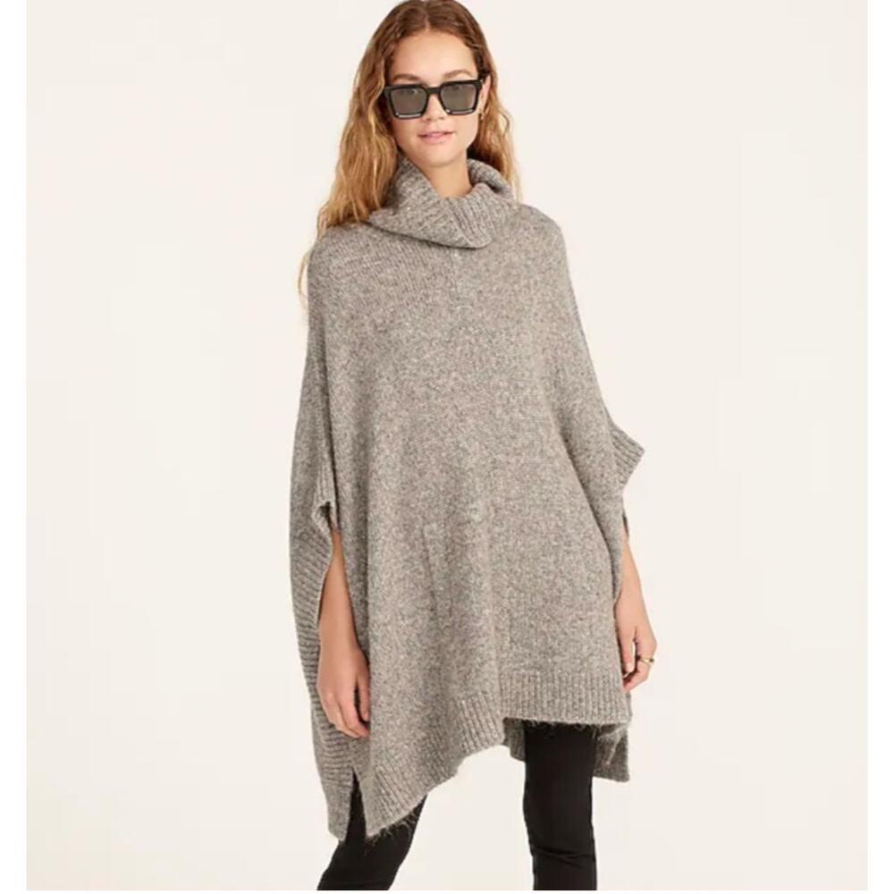 J. Crew Relaxed Turtleneck Poncho Sweater Wool Alpaca Oversized Chunky Knit Gray